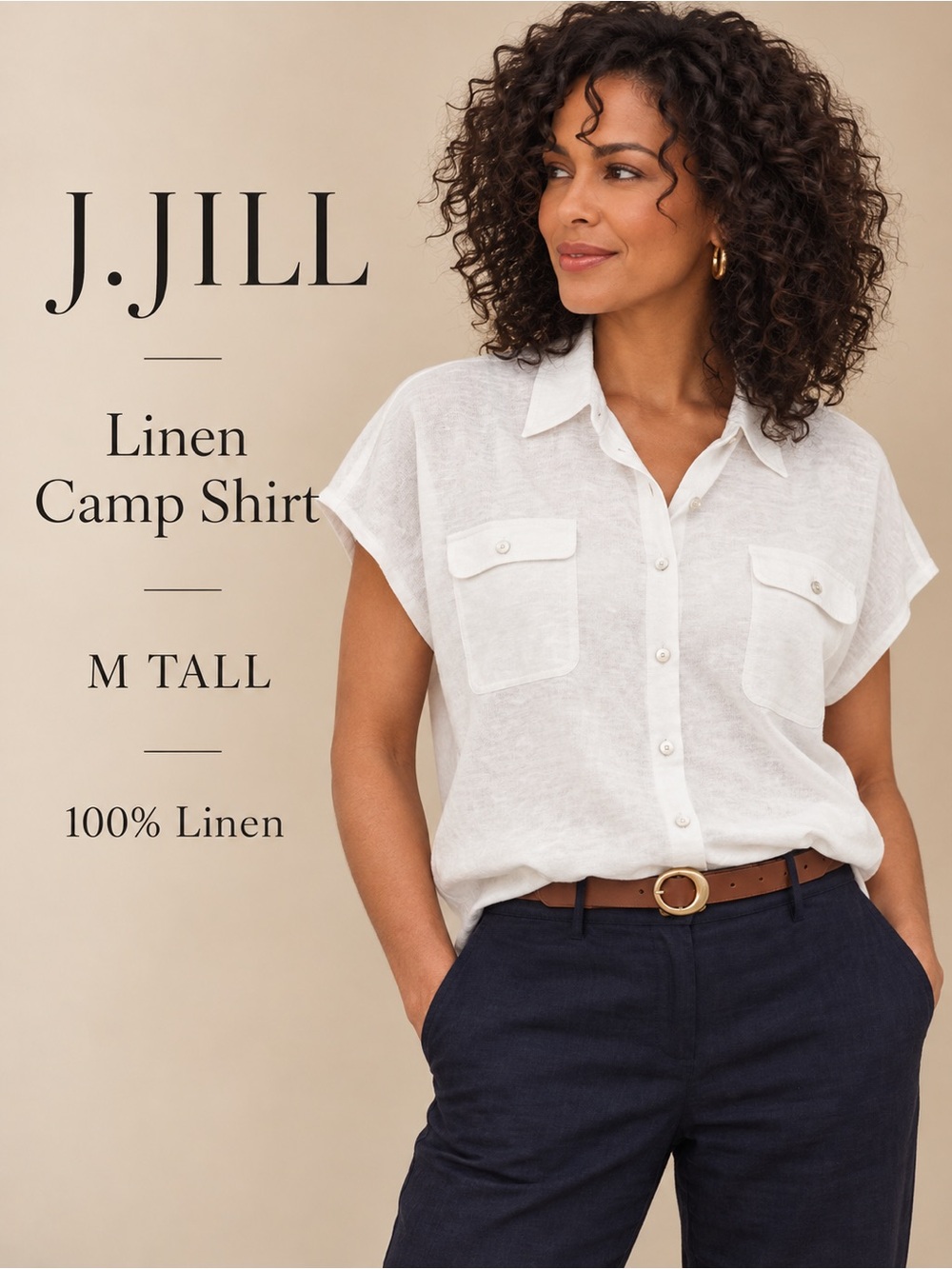 J.Jill Linen Camp Shirt White 100% Linen Button Front M Tall